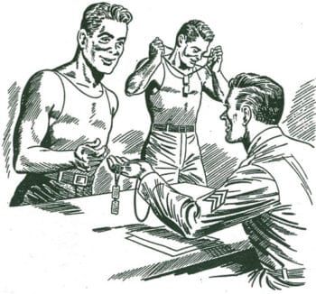Drawing of WWII Dog Tags being Issued